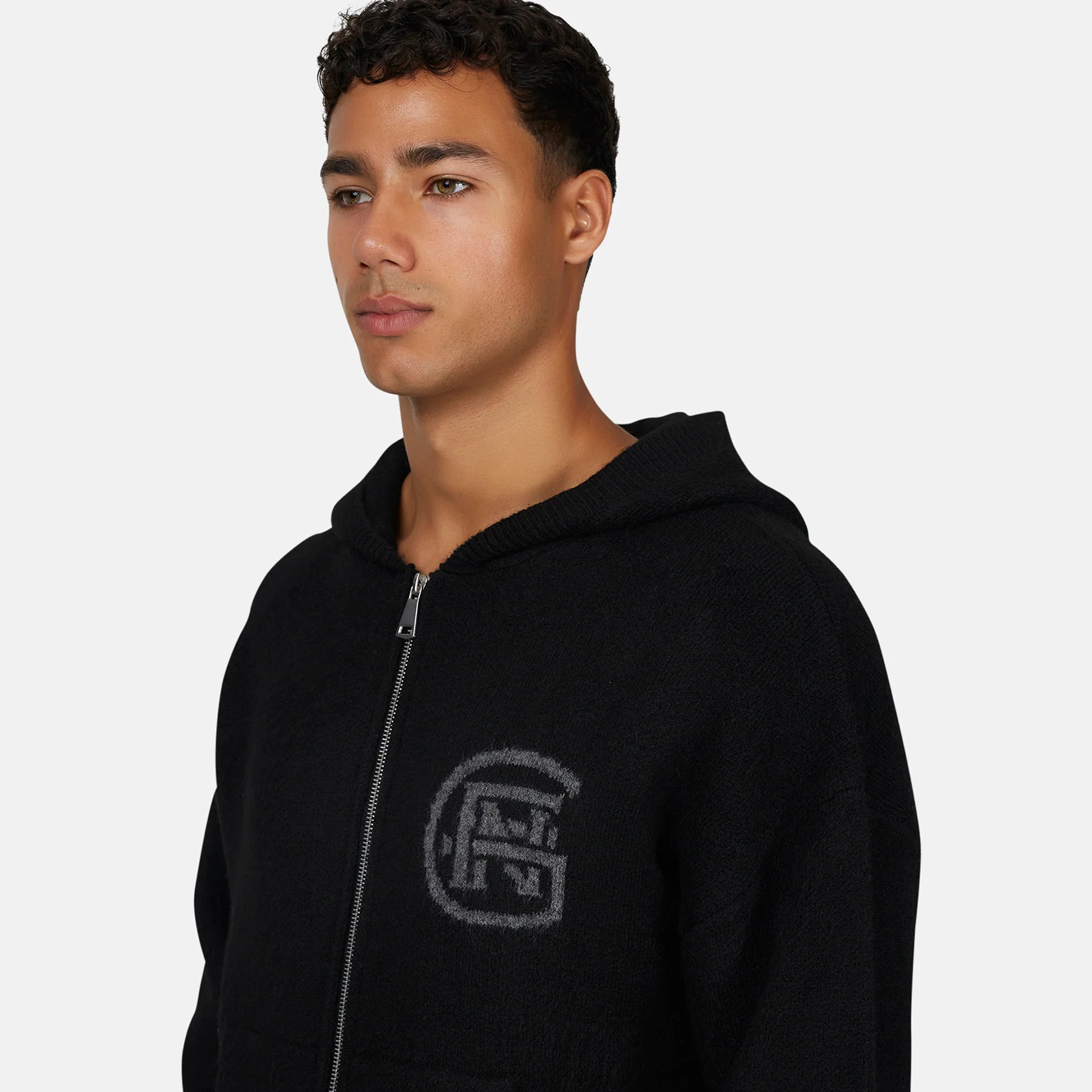 Monogram Fluffy Knit Black Zip Hoodie - Image 4