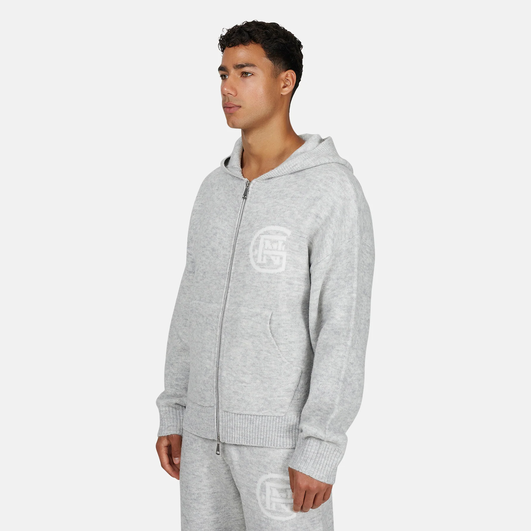 Monogram Fluffy Knit Grey Marl Zip Hoodie - Image 2