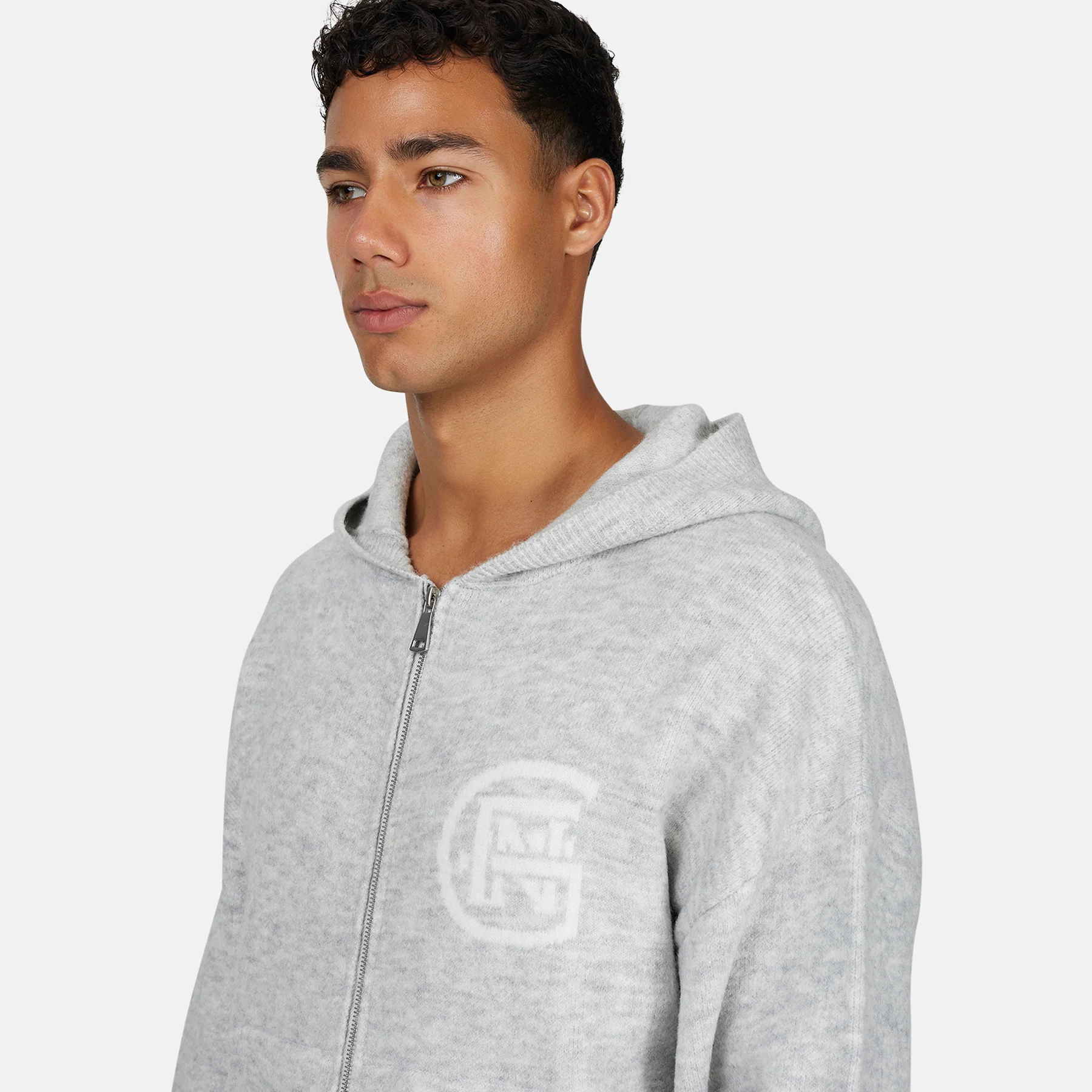 Monogram Fluffy Knit Grey Marl Zip Hoodie - Image 4
