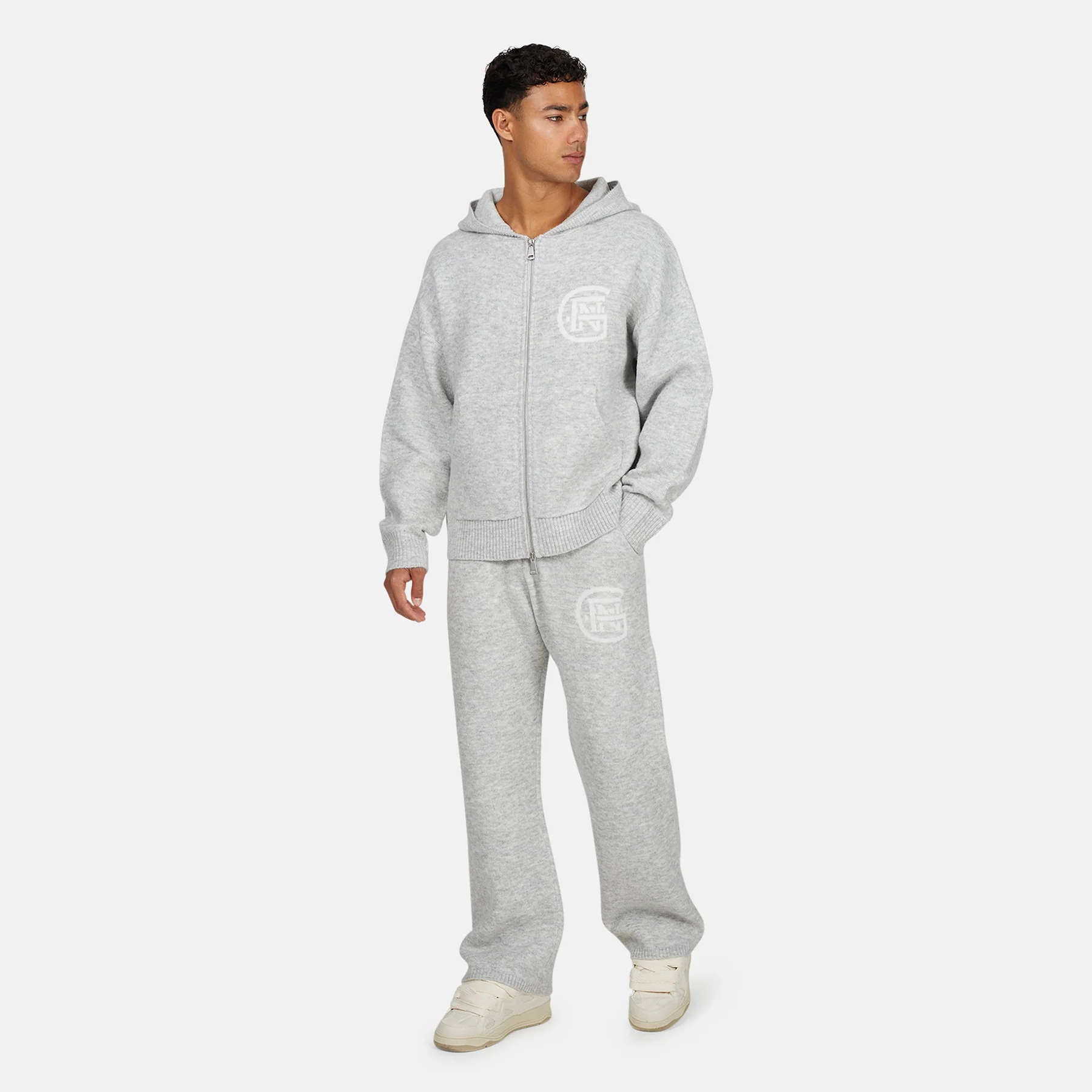 Monogram Fluffy Knit Grey Marl Zip Hoodie - Image 6