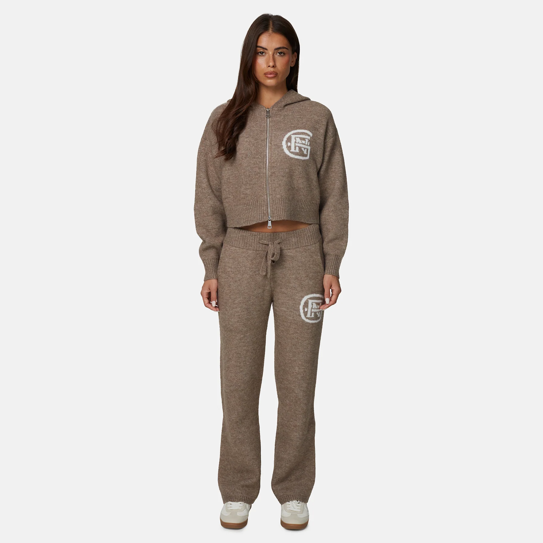 Monogram Fluffy Knit Taupe Zip Hoodie - Image 5