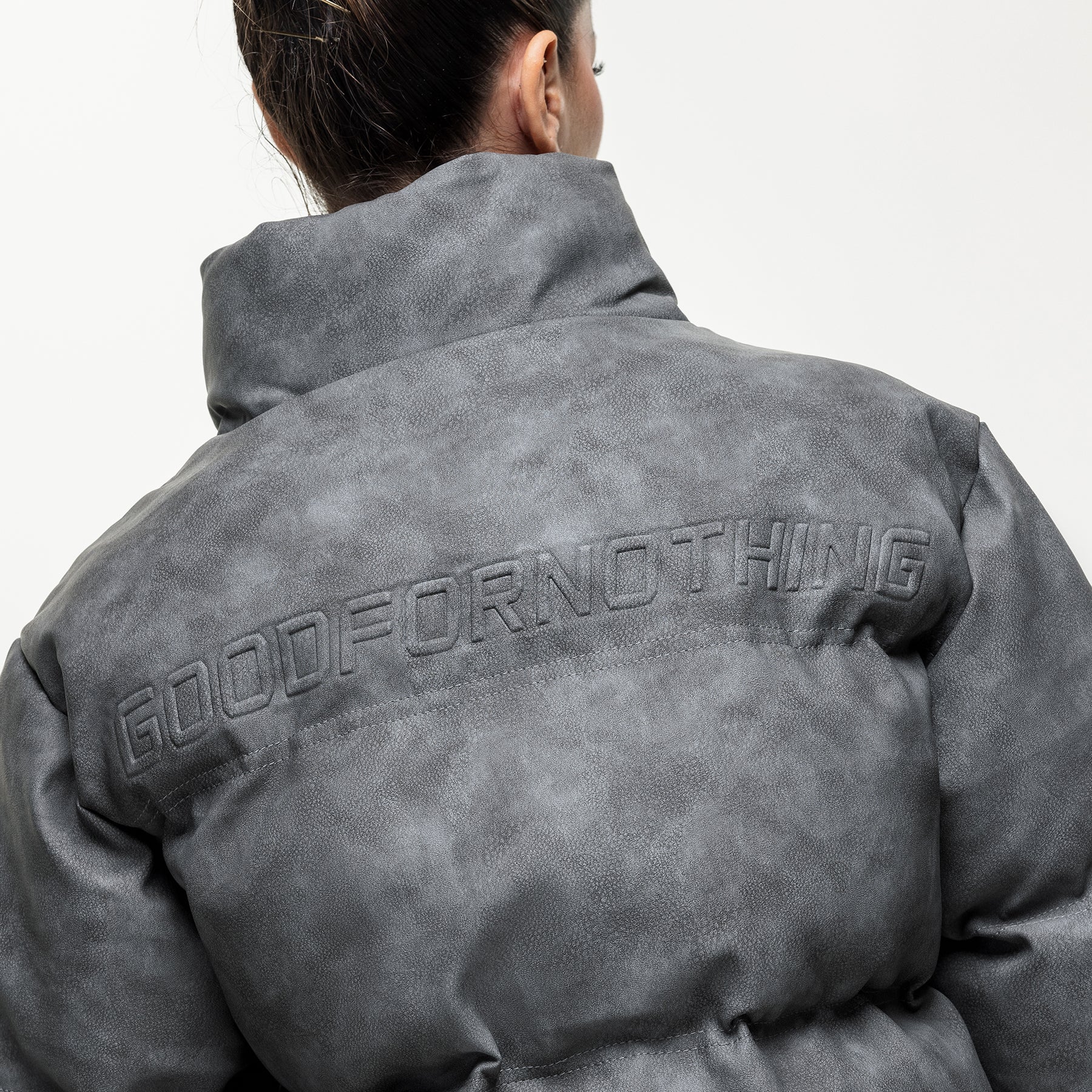 Vintage Grey Leather Puffer Coat - Image 2