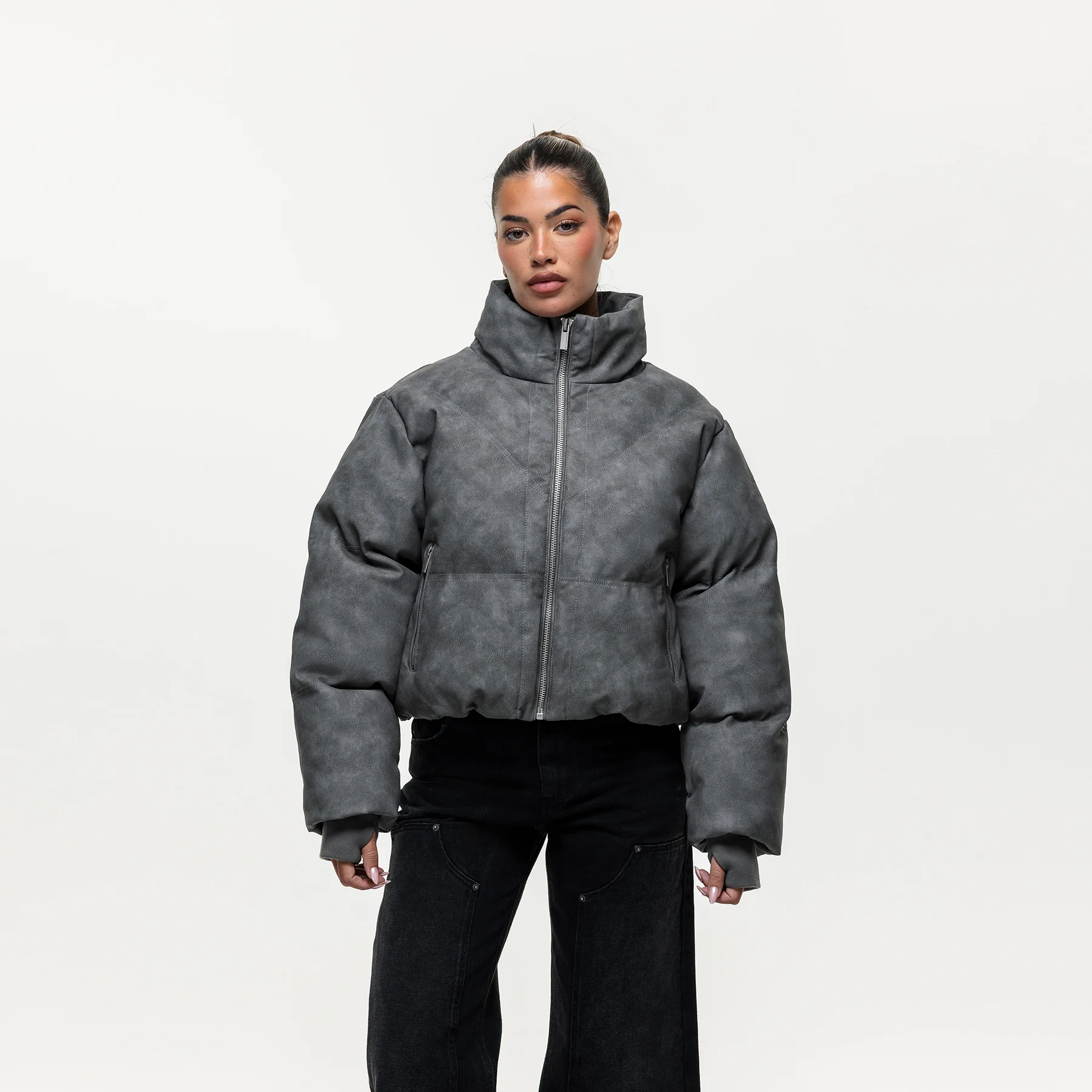 Vintage Grey Leather Puffer Coat - Image 4