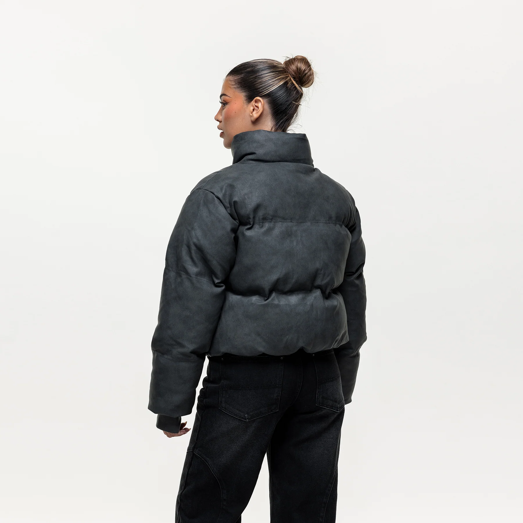 Vintage Black Leather Puffer Coat - Image 2