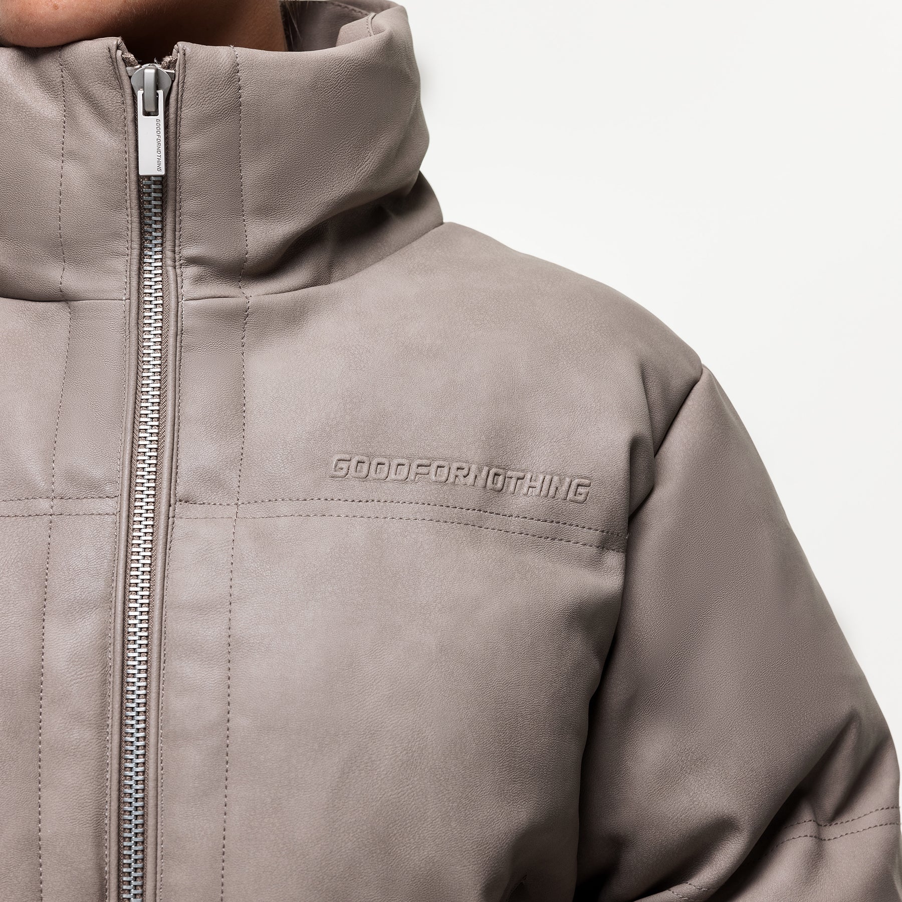Vintage Taupe Leather Puffer Coat - Image 3