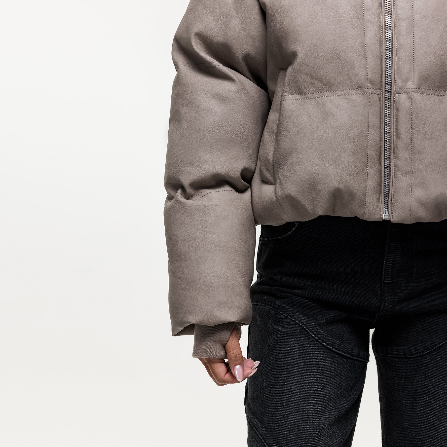 Vintage Taupe Leather Puffer Coat - Image 4