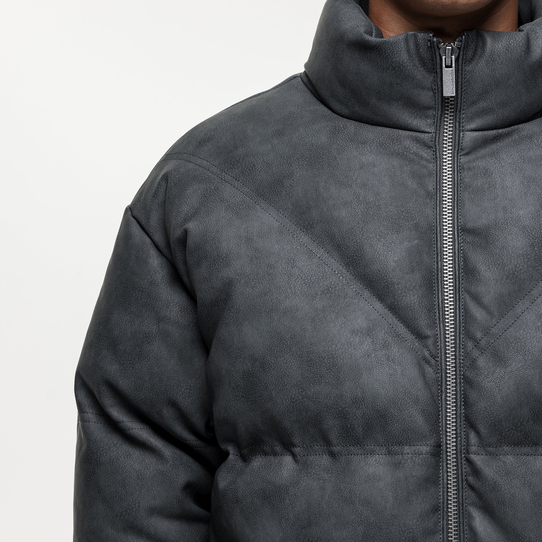 Vintage Grey Leather Puffer Coat - Image 3