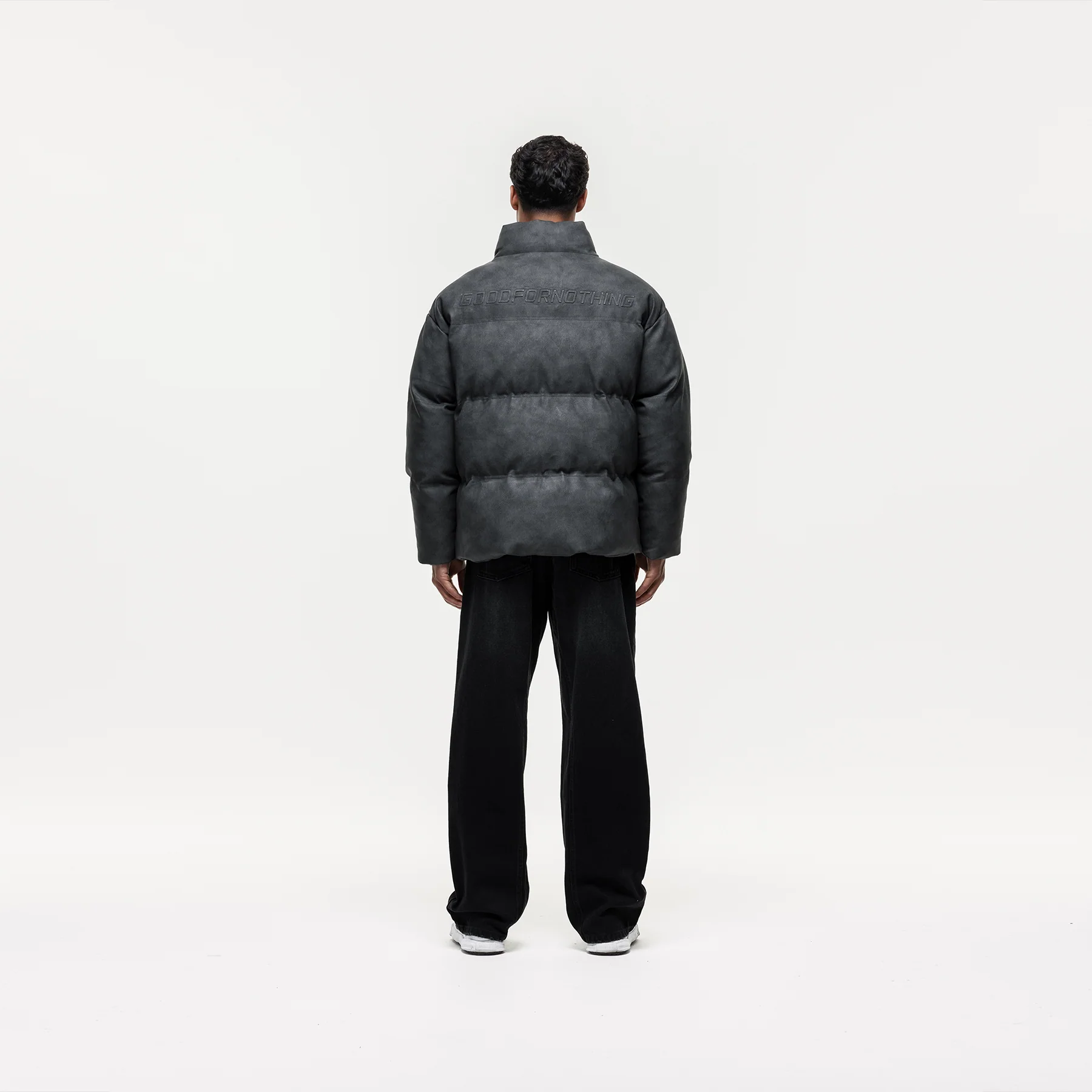 Vintage Grey Leather Puffer Coat - Image 5