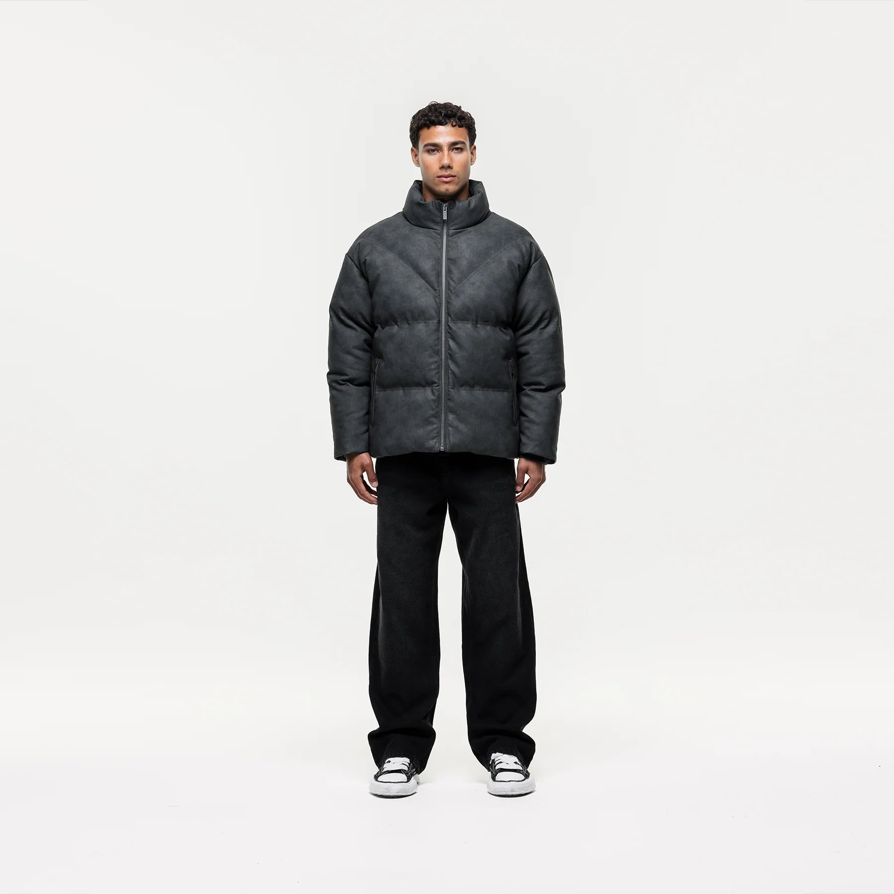 Vintage Grey Leather Puffer Coat - Image 6