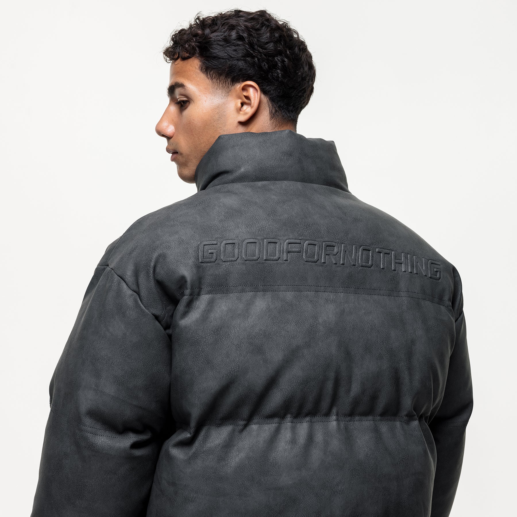 Vintage Grey Leather Puffer Coat - Image 8