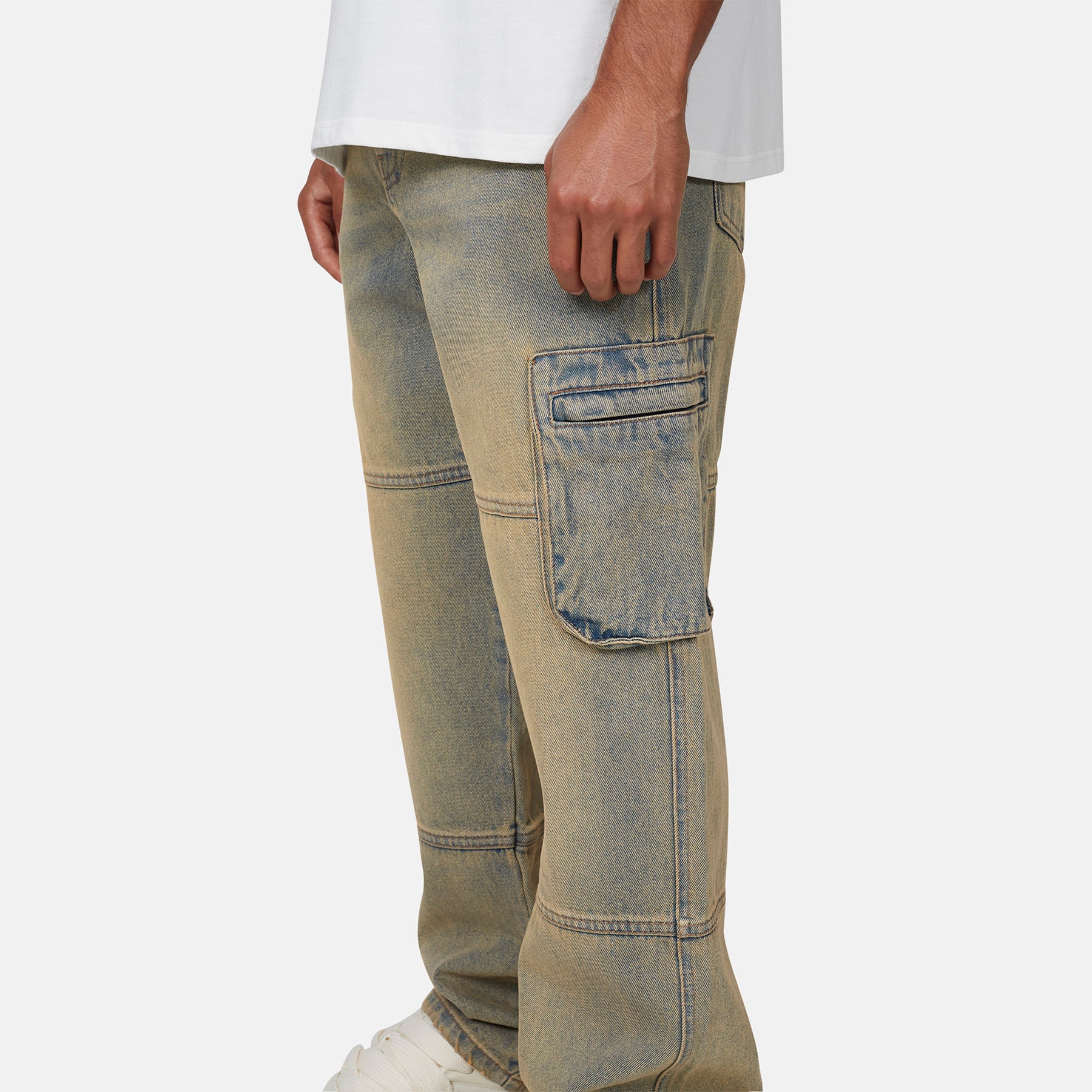 Heavy Washed Cargo Sand Blue Denim Jeans - Image 5