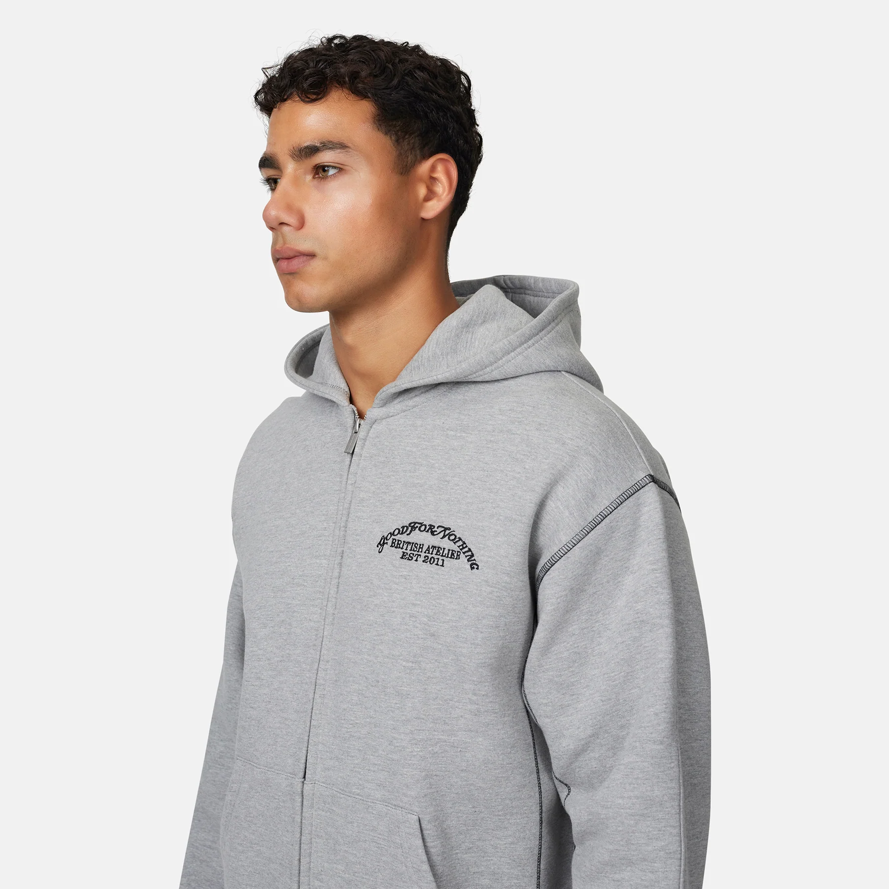 Overlock Grey Marl Zip Hoodie - Image 2