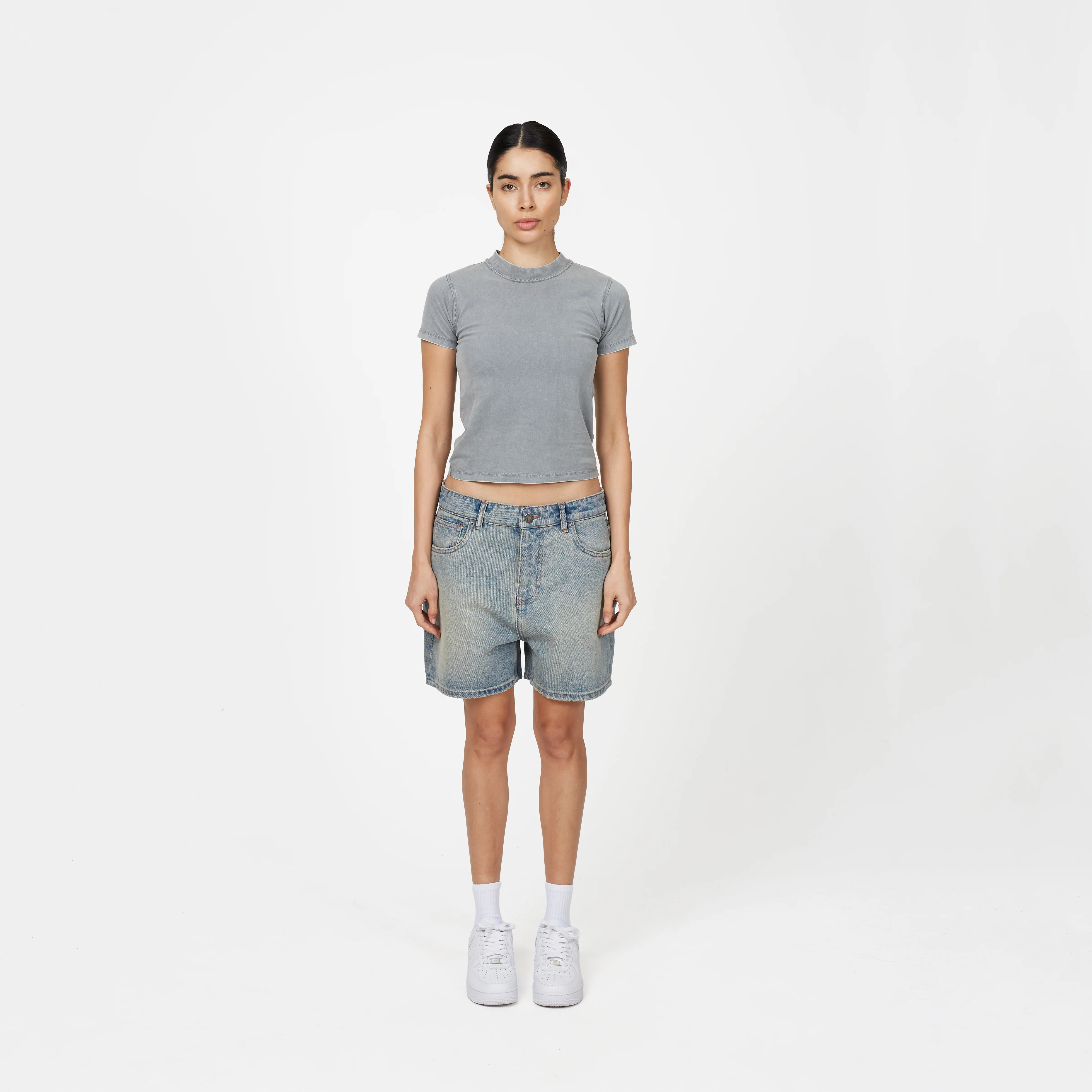 Heavy Washed Light Blue Denim Shorts - Image 2