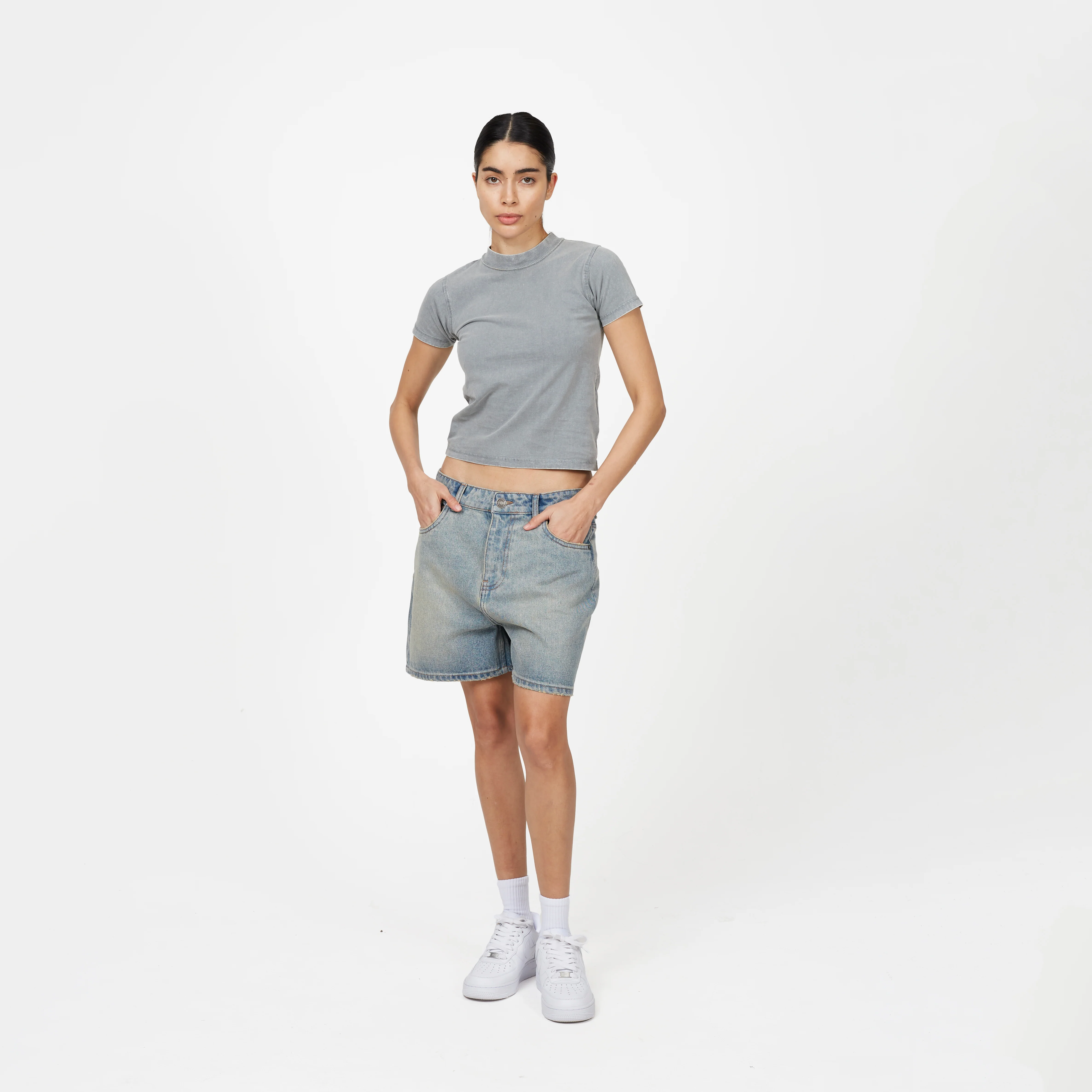 Heavy Washed Light Blue Denim Shorts - Image 6
