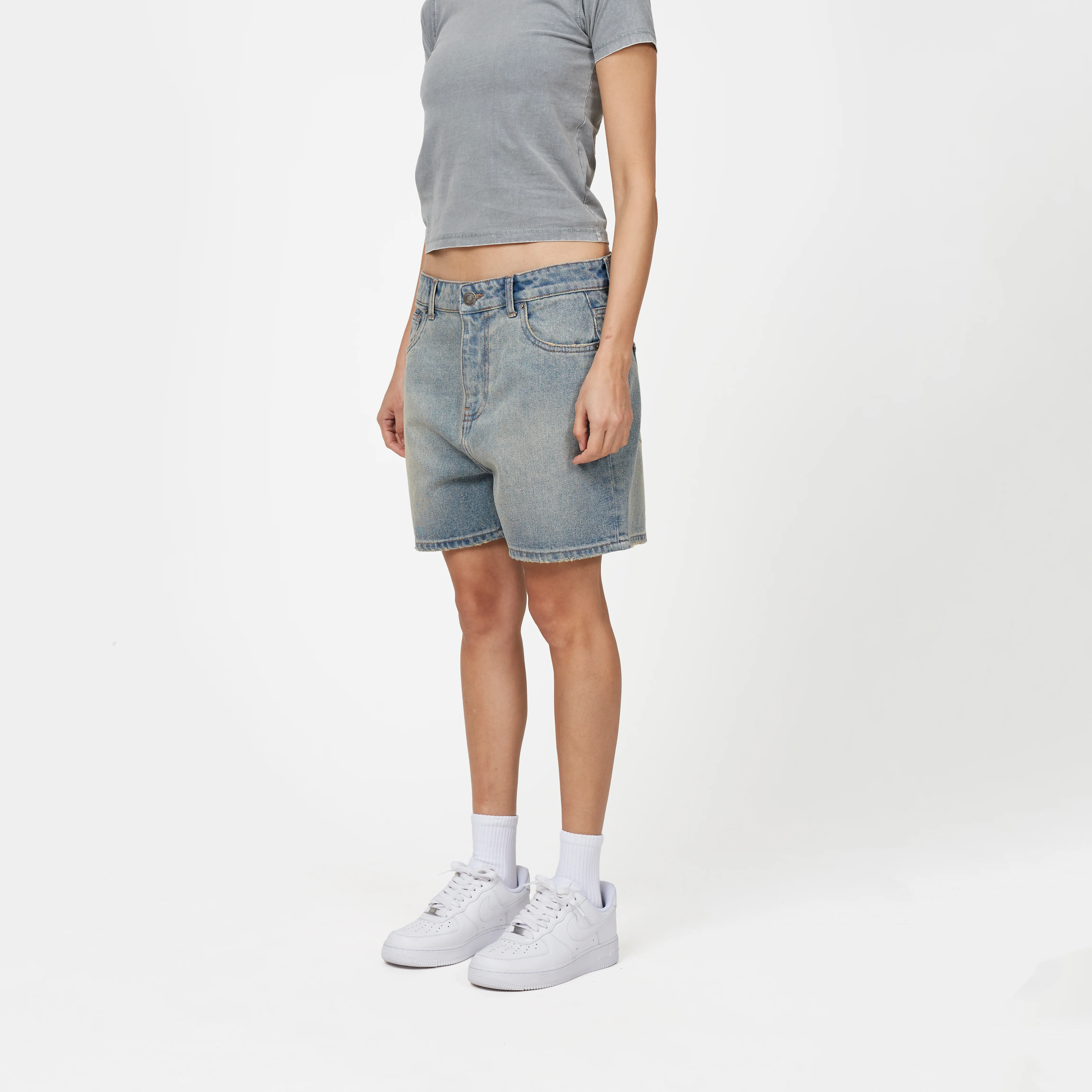 Heavy Washed Light Blue Denim Shorts - Image 7