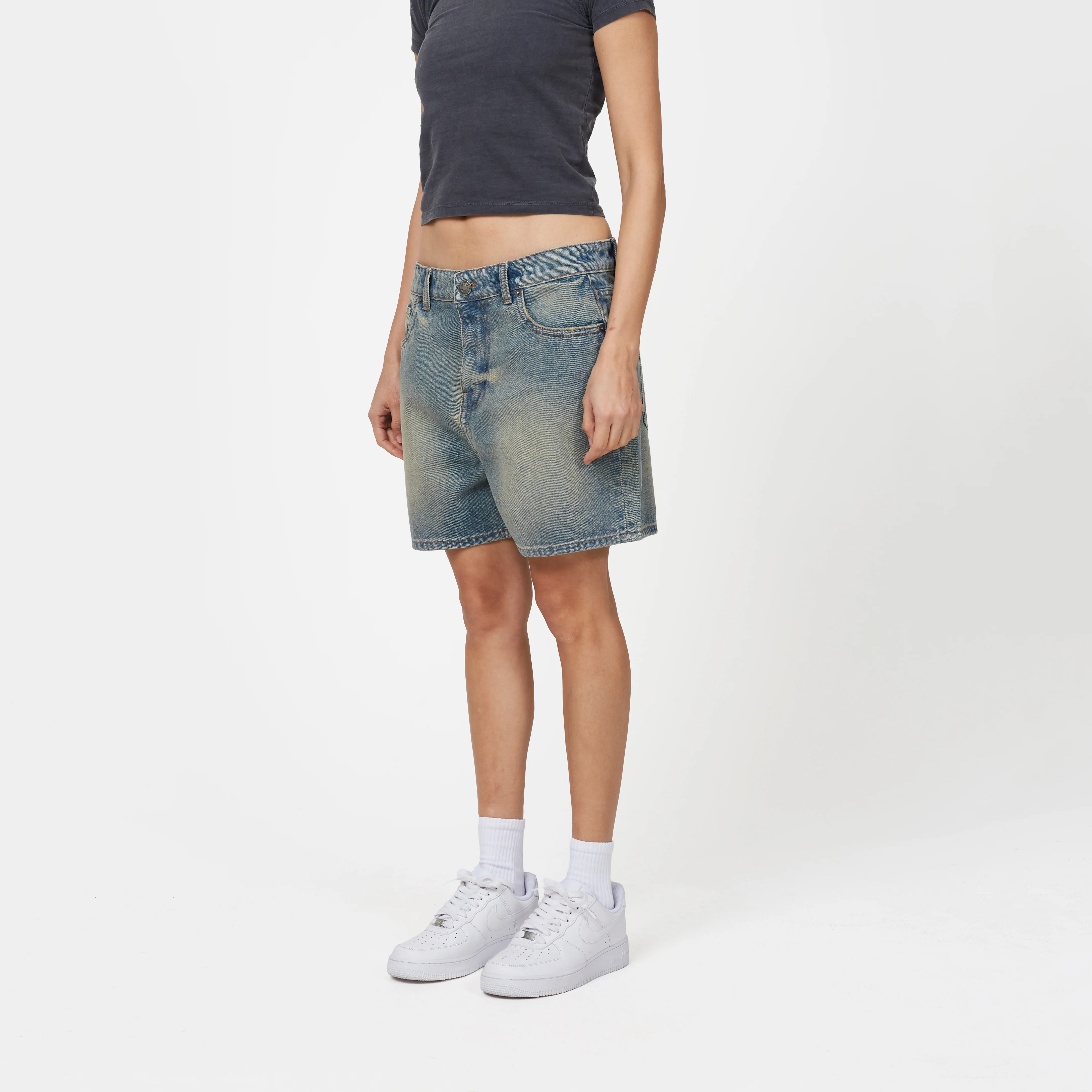 Heavy Washed Faded Blue Denim Shorts - Image 2