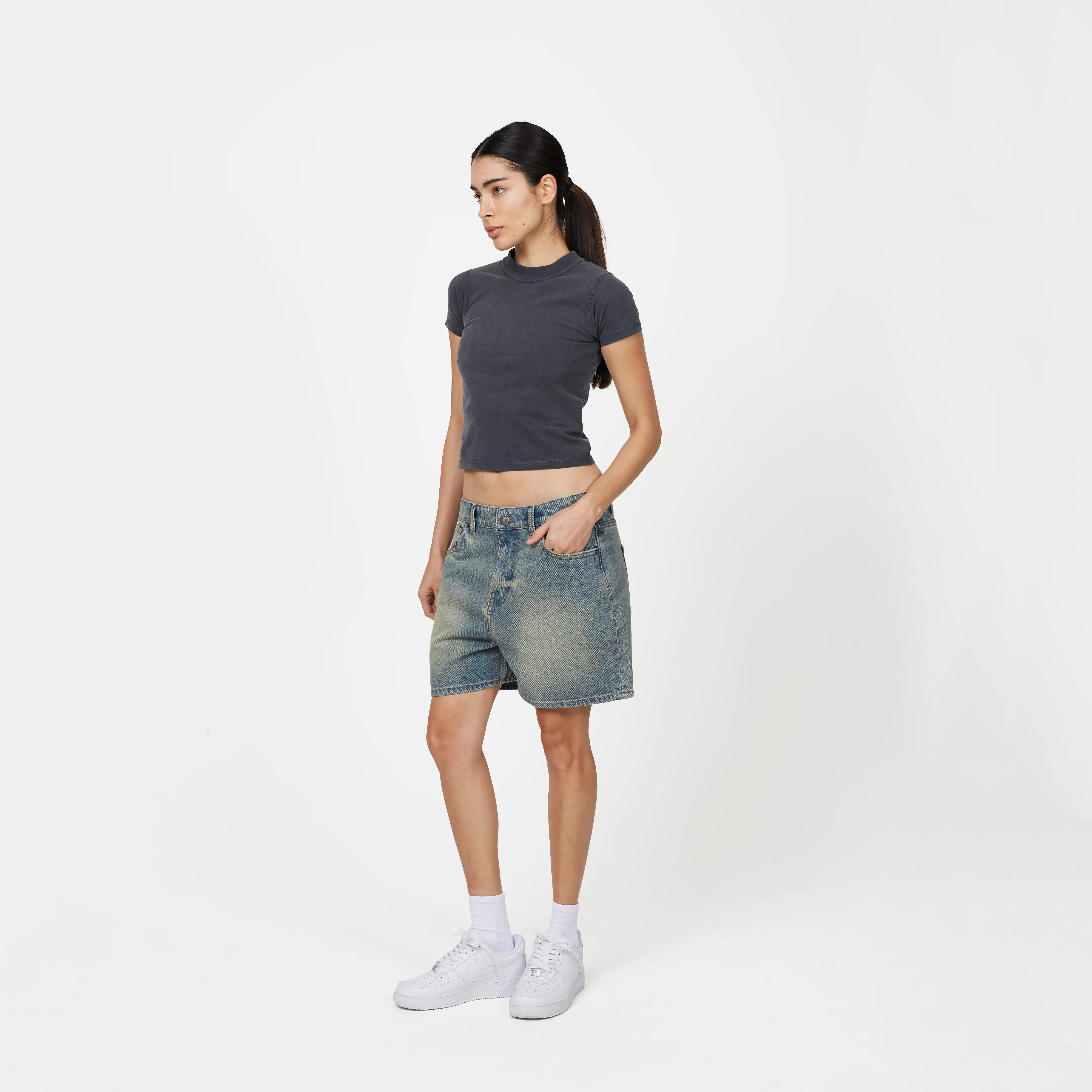 Heavy Washed Faded Blue Denim Shorts - Image 7