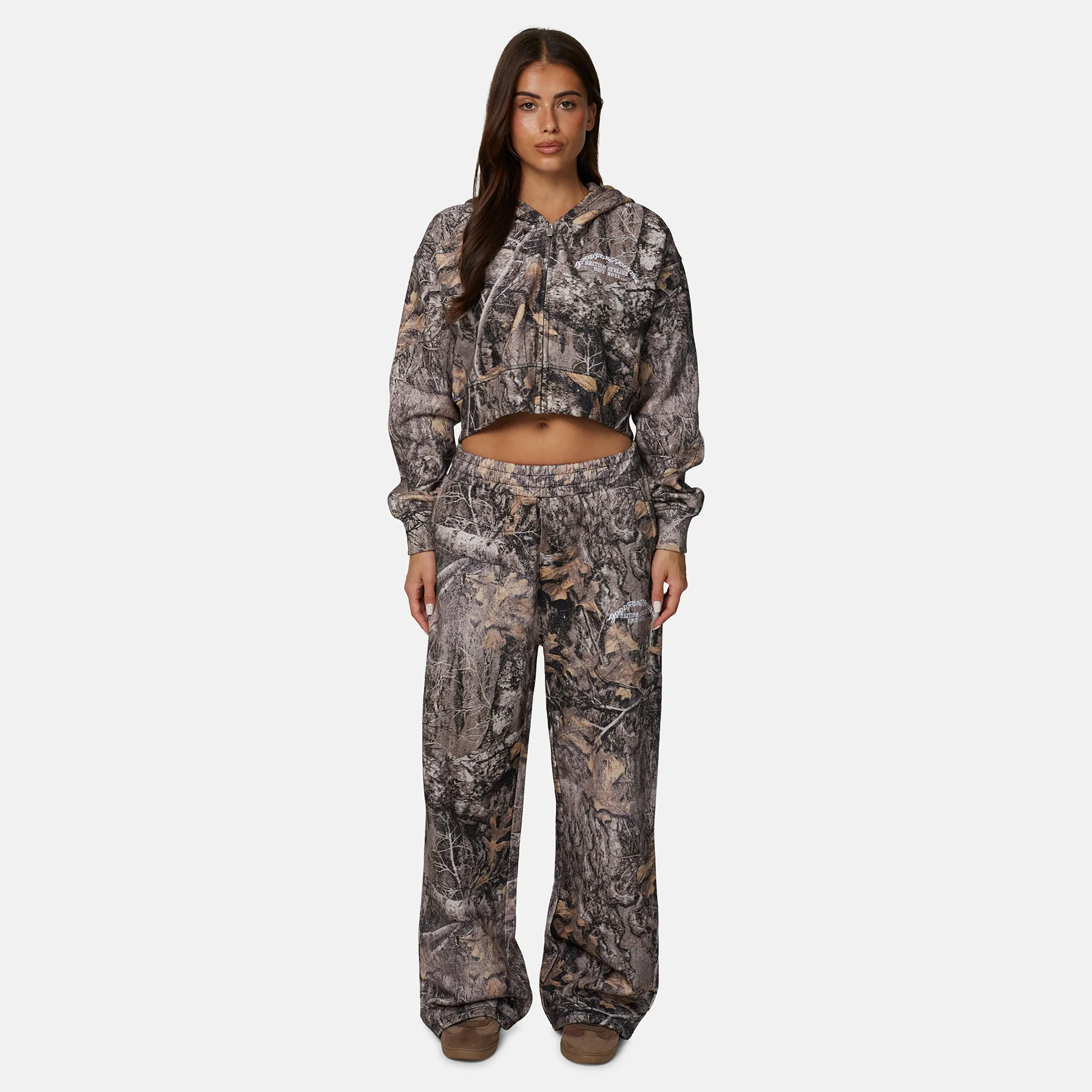 Woodland Camo Brown Crop Zip Hoodie - Image 3